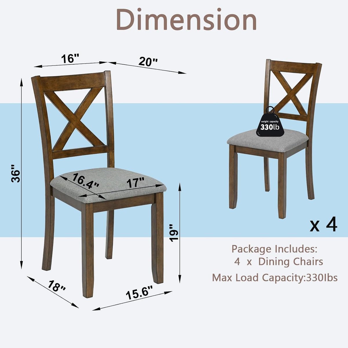 Ball & Cast Wood Frame Dining Chairs Set of 4, Modern Linen Upholstered Kitchen-Chairs with Padded Seat, 330lb Heavy Duty X-Backrest Side Chair for Dining Living Room, Easy Assembly, Walnut