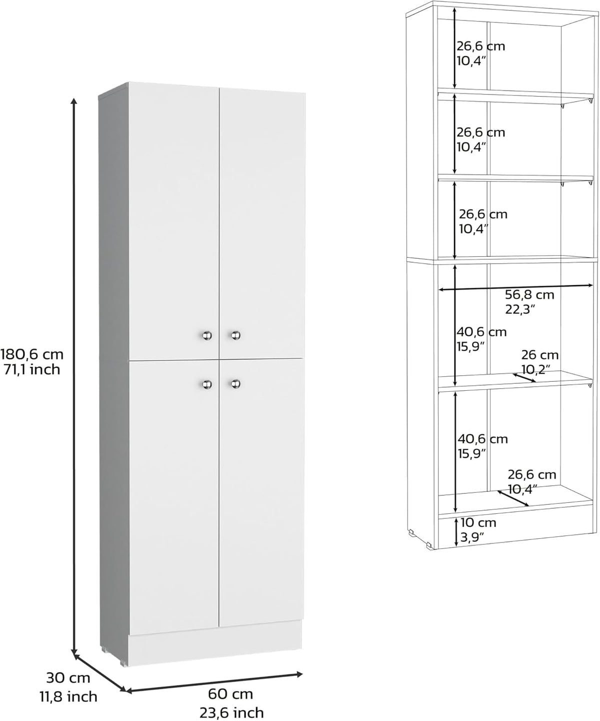 71" Tall Pantry with 4 Doors & 5 Adjustable Shelves - White - Ideal for Kitchen Storage & Laundry Room Organization