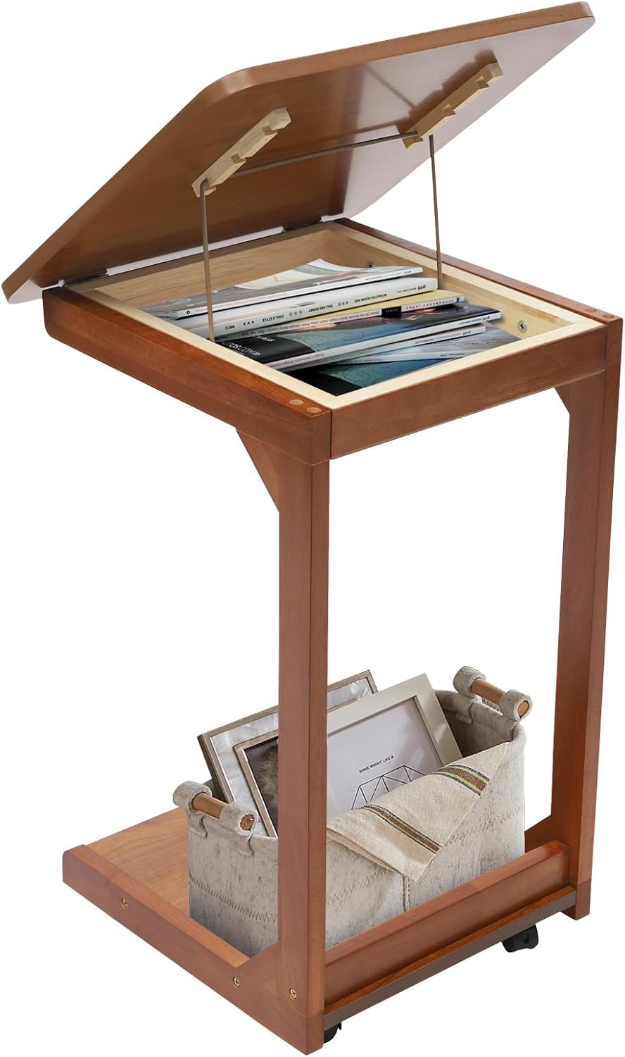 C-Shaped End Table, Couch Table with Adjustable Desktop, Small Rolling Side Table with 4 Universal Wheels for Living Room Bedroom (Walnut-Colored)