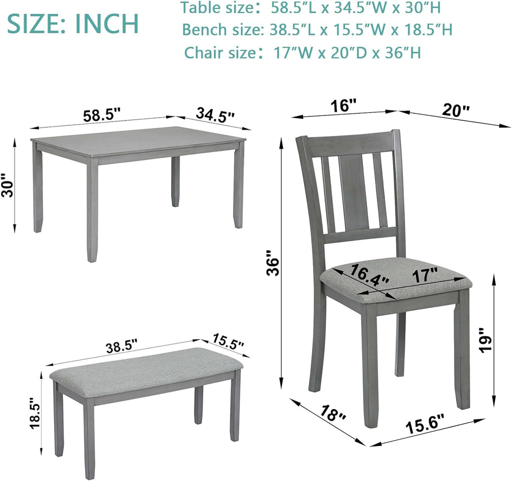 KEIKI 6-Piece Standard Height Dining Table Set with Rectangular Table, 4 Upholstered Slatted Backrset Chair, Bench, for 6 Person, Modern Style Table Set, Easy Assembly, for Kitchen, Dining Room, Gray