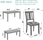 KEIKI 6-Piece Standard Height Dining Table Set with Rectangular Table, 4 Upholstered Slatted Backrset Chair, Bench, for 6 Person, Modern Style Table Set, Easy Assembly, for Kitchen, Dining Room, Gray