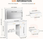 Sweetcrispy Makeup Vanity Desk, LED Mirror, Charging Station | Dressing Table, 2 Drawers, Large Cabinet, 3 Lighting Colors Adjustable, USB-C 2AC, White