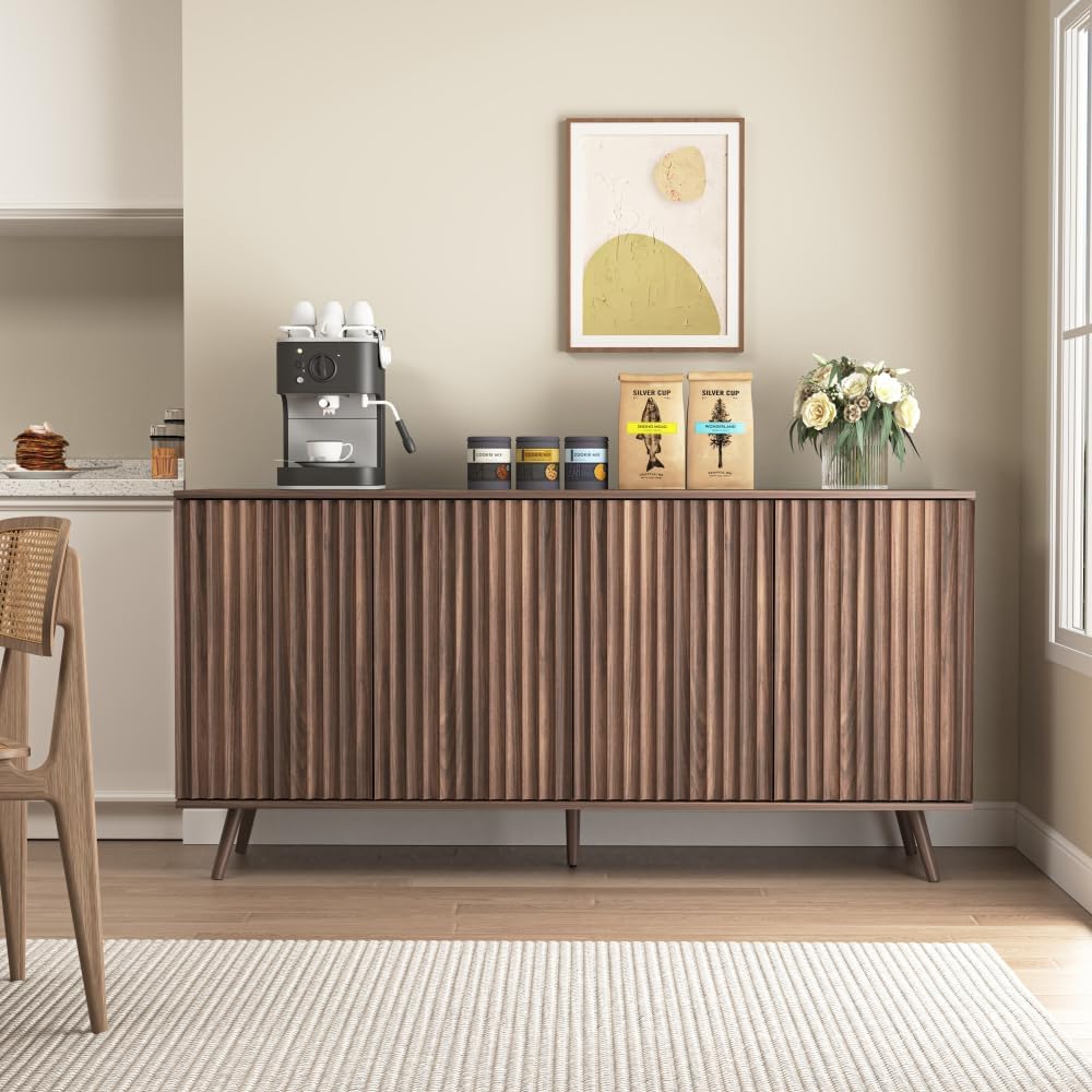 Sideboard Buffet Cabinet with Storage, Long Sideboard Storage Cabinet with 4 Doors, Wood Credenza Console Coffee Bar Cabinets with Adjustable Shelves for Living Room Kitchen Dining Room Walnut