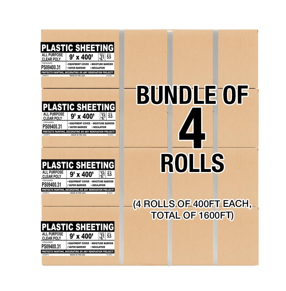 Aluf Plastics 7.8 Micron Clear All Purpose Vapor and Moisture Barrier Sheet Tarp/Drop Cloth - 4 Rolls of 9' x 400' - for Painting, Furniture, Carpet, Contractor, & Construction