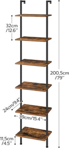 HOOBRO DIY Ladder Shelf, 6-Tier Wooden Wall Mounted Bookshelf, Narrow Bookcase, Display Shelf, Storage Rack, Plant Stand, for Living Room, Bedroom, Study, Balcony, Rustic Brown and Black BF651CJ01