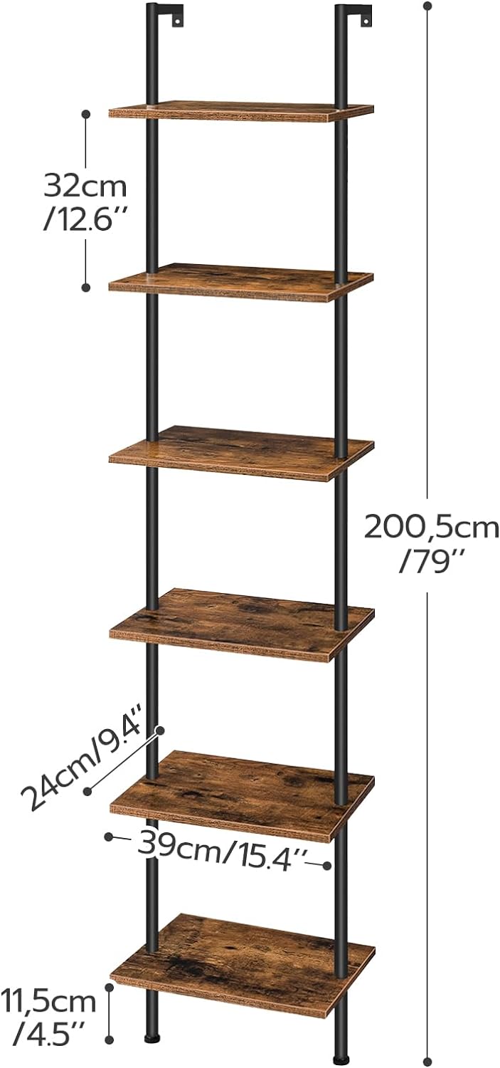HOOBRO DIY Ladder Shelf, 6-Tier Wooden Wall Mounted Bookshelf, Narrow Bookcase, Display Shelf, Storage Rack, Plant Stand, for Living Room, Bedroom, Study, Balcony, Rustic Brown and Black BF651CJ01