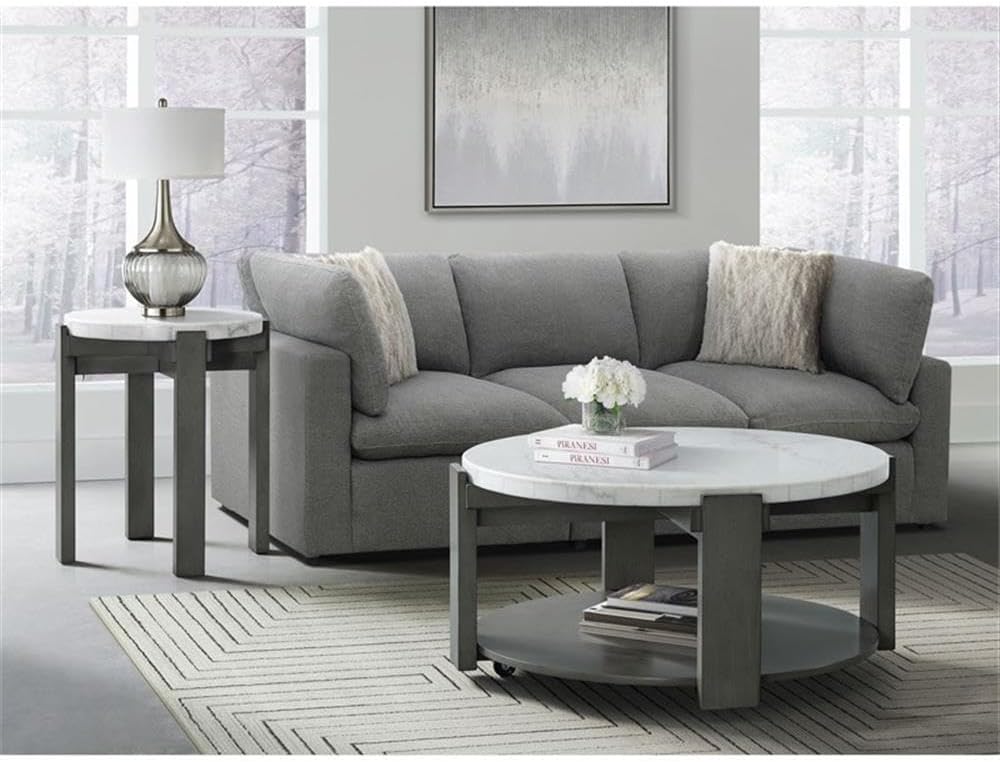 Pemberly Row Contemporary Round End Table, 24 in x 24 in x 24 in, Gray Base with White Natural Marble Top, Solid Wood Legs, Circular Design, Modern Transitional Style for Living Room or Bedroom