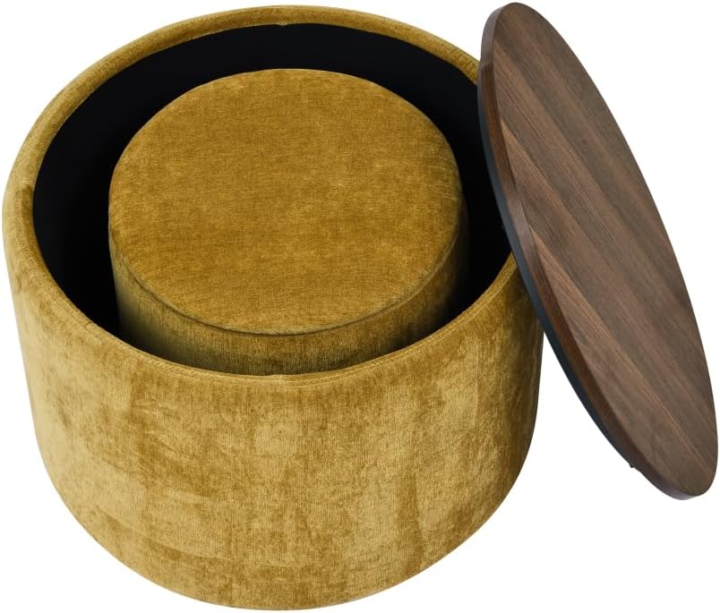 2-Piece Set Round Chenille Storage Ottoman, Equipped with a Drum Shaped Small Stool (style3)