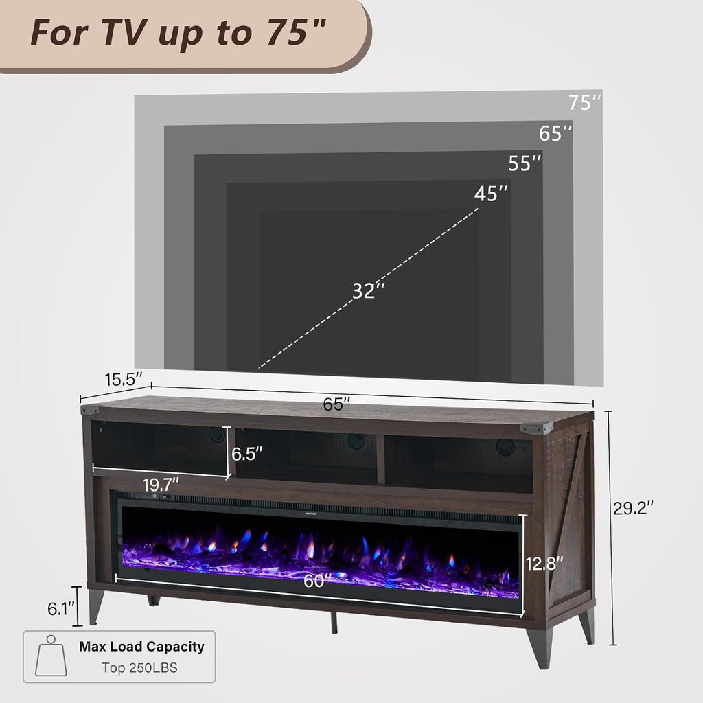 LUXOAK 65" Farmhouse TV Stand with 60" Electric Fireplace for TVs up to 75" | Espresso, Entertainment Center, Industrial TV Console, Tempered Glass Fireplace, TV Cabinet, Open Storage