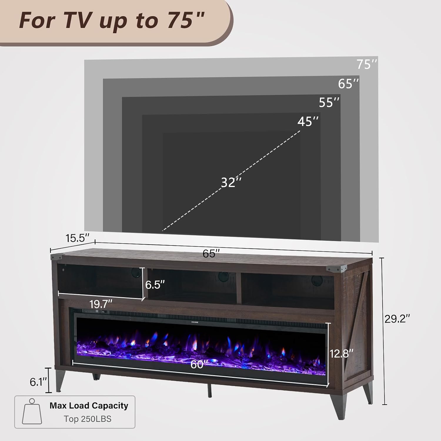 LUXOAK 65" Farmhouse TV Stand with 60" Electric Fireplace for TVs up to 75" | Espresso, Entertainment Center, Industrial TV Console, Tempered Glass Fireplace, TV Cabinet, Open Storage