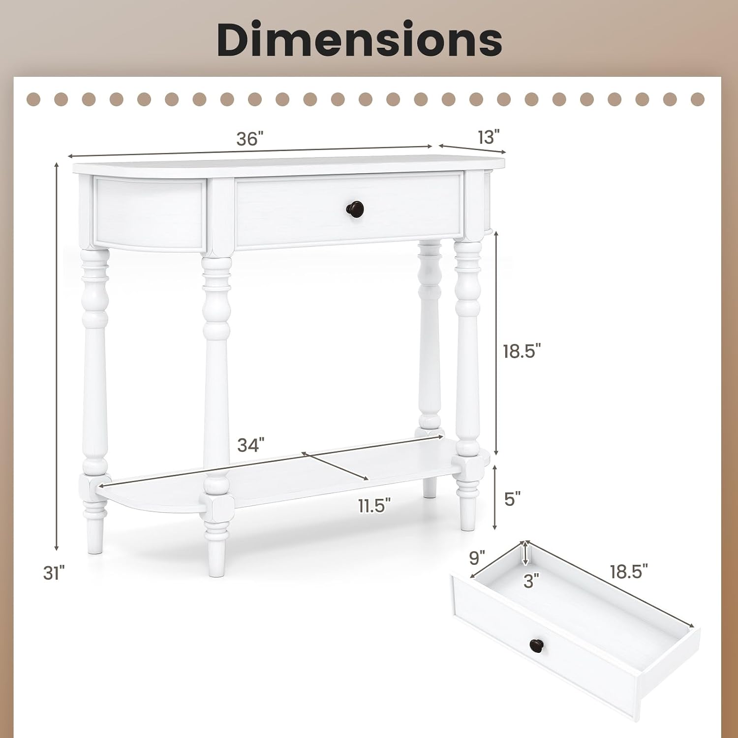 Giantex 2-Tier Narrow Console Table, 36" White Entryway Table with Storage Drawer & Elegant Legs, Wooden Sofa Table with Open Shelf for Living Room, Foyer, Hallway, Bedroom, Entrance