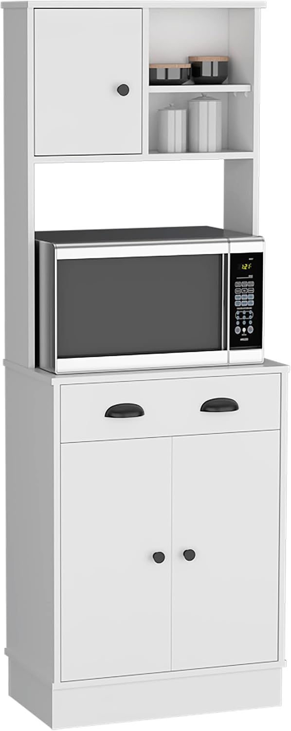 White 3-Door Kitchen Cabinet with Drawer & Microwave Space - Small Kitchen Storage