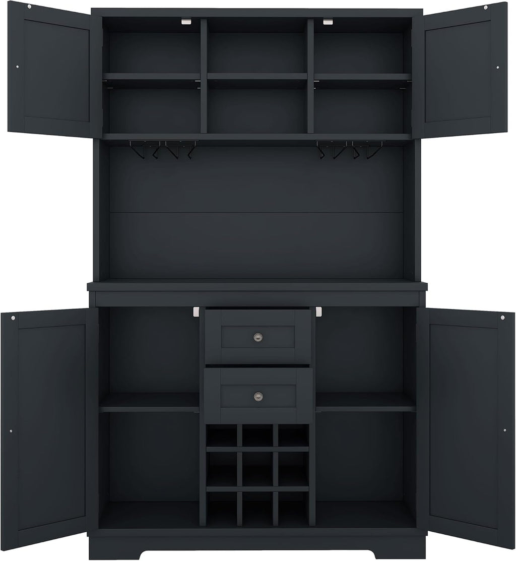 Merax 73.8" Kitchen Pantry Storage Cabinet, Freestanding Larder Cupboard, Kitchen Hutch Cabinet with Drawers Shelves and Cabinets, Buffet Cabinet Wine & Glass Racks for Dining Room, Living Room, Blue