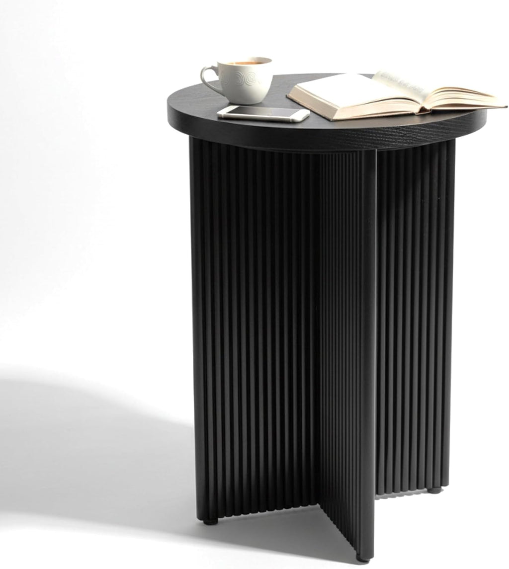 Fluted Side Table, Small Oak End Tables, Round Top, Living Room Side Table, Solid Natural Oak Wood X Base, Black Accent Bedside Table With Double Veneer Top, Size 22.5 with Levelers Included