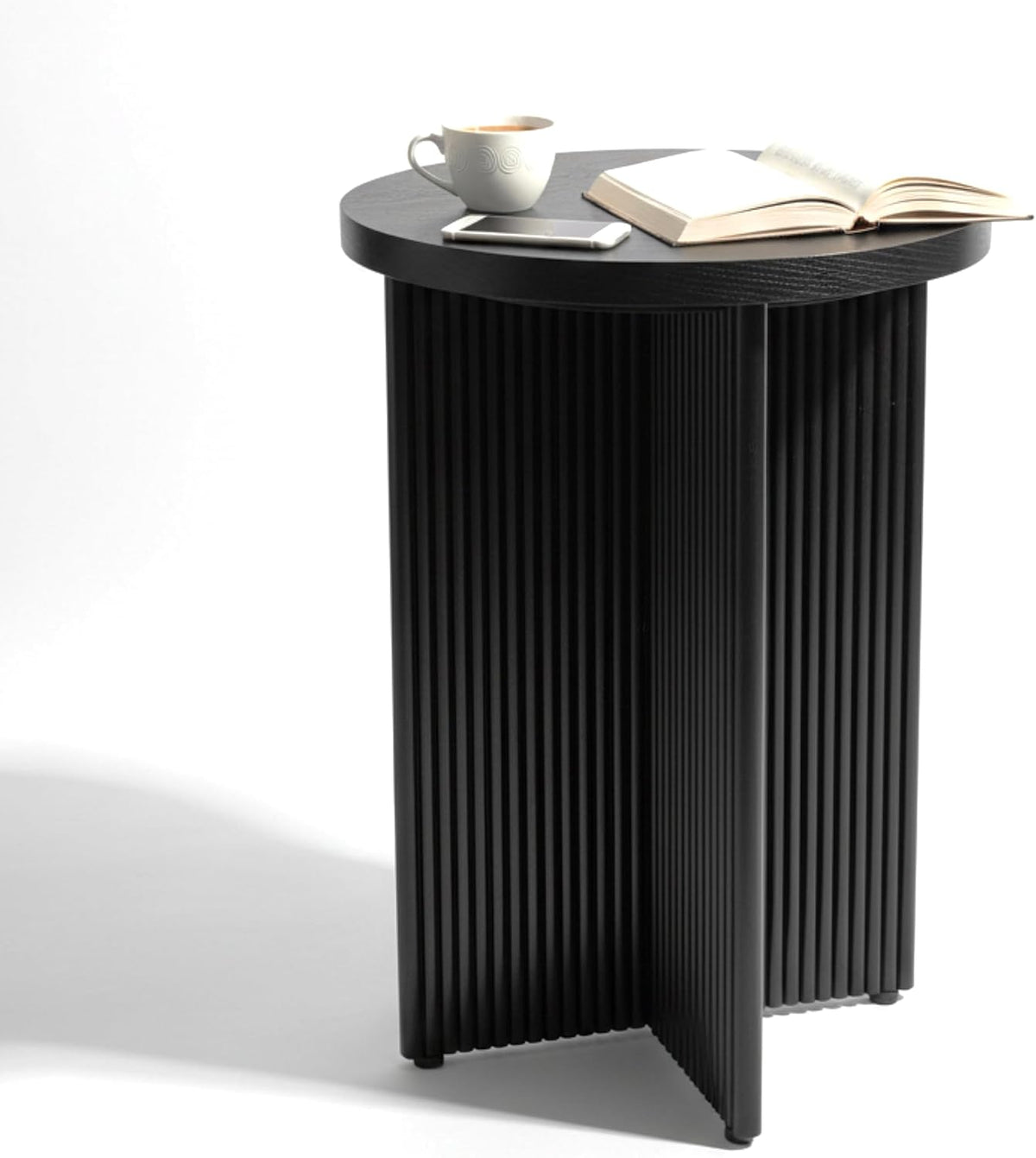 Fluted Side Table, Small Oak End Tables, Round Top, Living Room Side Table, Solid Natural Oak Wood X Base, Black Accent Bedside Table With Double Veneer Top, Size 22.5 with Levelers Included