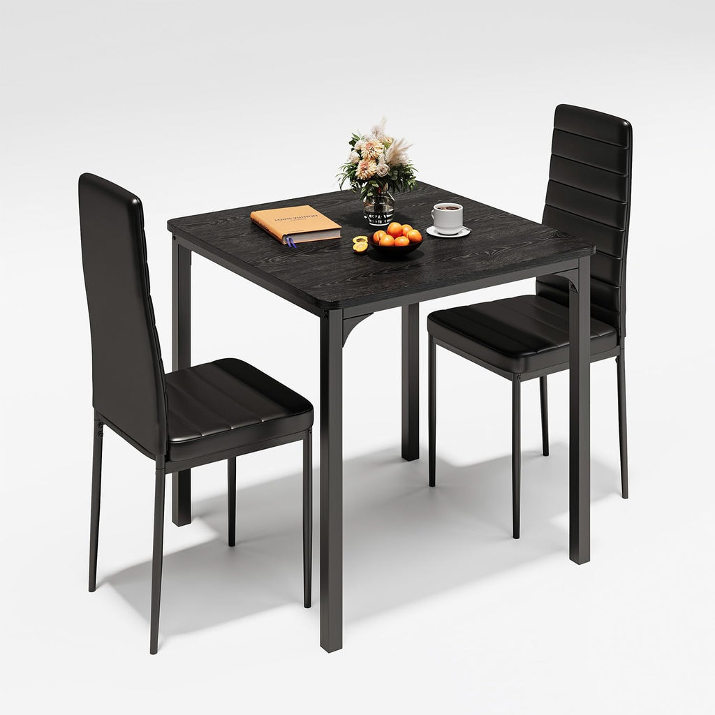 Gizoon Kitchen Table for 2, Table and Chairs Set of 2, 3 Piece Dinner Table Set with 2 Upholstered PU Leather Chairs for Dining Room, Living Room, Apartment, Small Space, Black