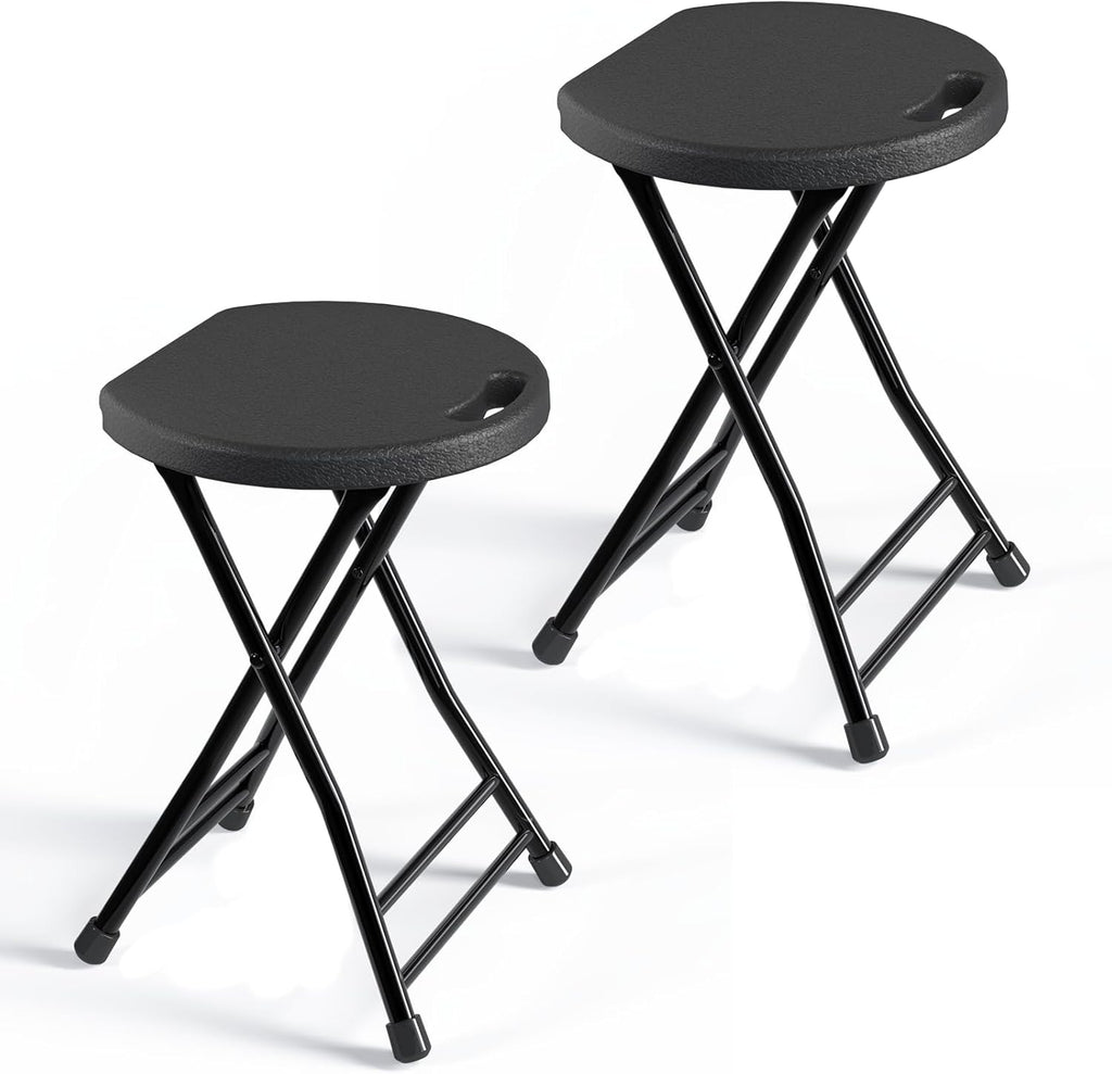 Folding Stool, 18 Inch Foldable Stool with Handle & Steel Frame, Pack of 2 Folding Bar Stools, 440lbs Sturdy Foldable Lightweight Metal Chair for Camping, Indoor and Outdoor, Black