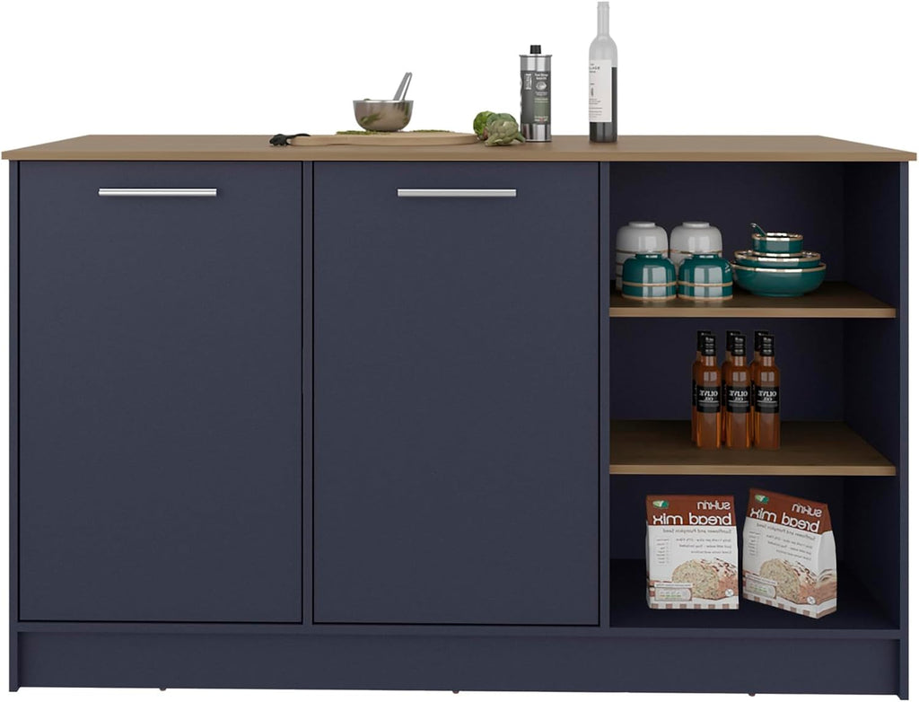 Kitchen Island with 2 Doors and 7 Shelves Alby Blue/Natural Oak | Combines Alby Blue and Natural Oak finishes for modern warm aesthetic