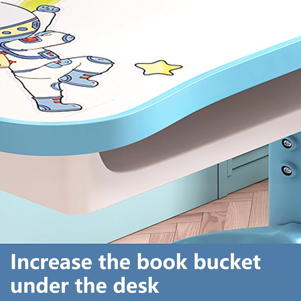 Kids Desk and Chair Set,Height Adjustable Study Table with Storage Drawer Ergonomic Seat Cartoon Pattern Widened Desktop for Children Aged 3-16 Years Old Blue