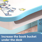 Kids Desk and Chair Set,Height Adjustable Study Table with Storage Drawer Ergonomic Seat Cartoon Pattern Widened Desktop for Children Aged 3-16 Years Old Blue