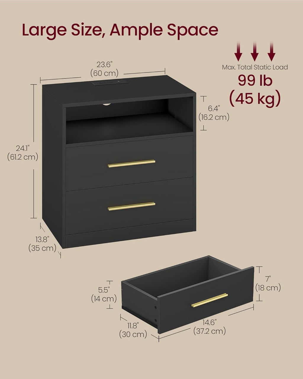 VASAGLE CUSTOS Collection Nightstand with Charging Station, 23.6 Inch | LED Lights, Modern Night Stand, Side End Table with Drawers, Open Shelf, 2 AC Outlets USB Ports, Ink Black ULET639BC01S