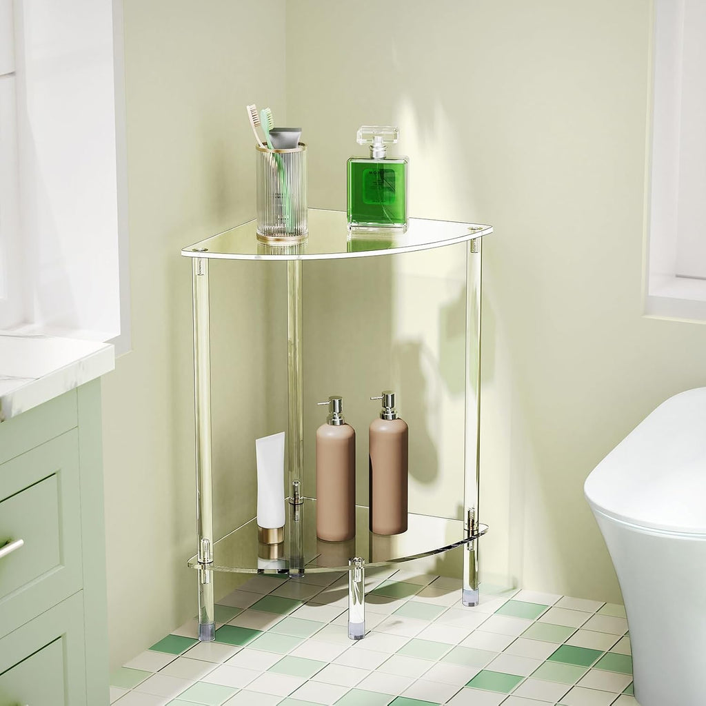 Clear Triangle Acrylic Side Table Set of 2 for Small Space, 11.81" L x 11.81" W x 19.82" H, 2-Tier Corner Shelf Stand End Table for Living Room Bedroom, Corner Rack Storage Shelf for Bathroom