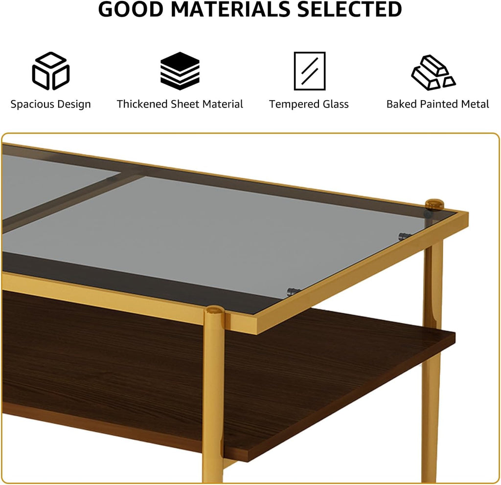 ODUSE-DAILY Coffee Table and End Table 3 Piece Living Room Set, Gold Metal Frame Glass Top End Tables, Square Top Shelf, Sofa or Couch Side Tables, Mesa de Centro para Sala (3 Pcs)