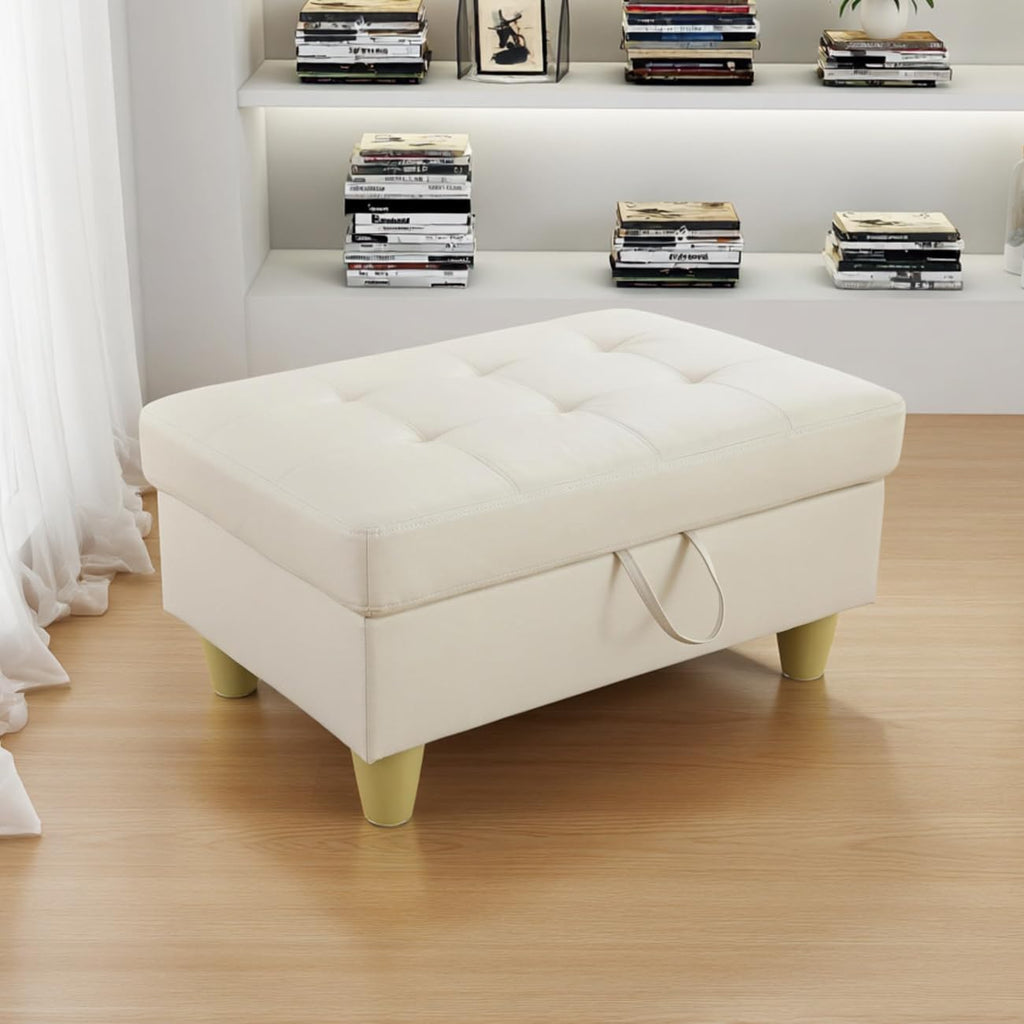 Leather Storage Ottoman Bench,33.5" Large Square Ottoman with Storage, Foot Rest Footstool Bench Coffee Table with Thick Cushion for Home Decor/Entryway/Living Room/Bedroom/Rv Car/Loft,Creamy