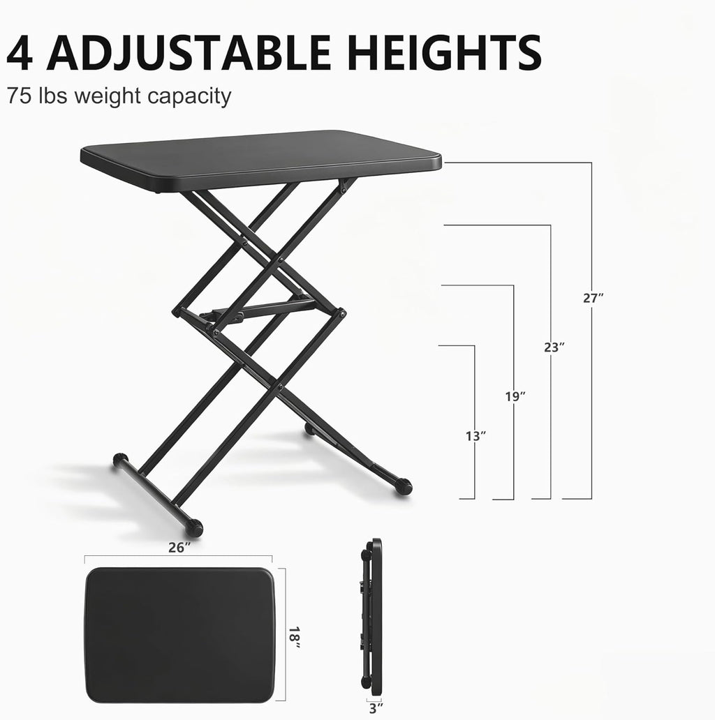 Small Folding Table, Height Adjustable in 2 Seconds with 4 Settings, Ultra-Thin 3" Foldable Design, No Assembly Required, Black 26-Inch TV Tray Laptop Desk for Picnic, Indoor/Outdoor Use, 1 Pack