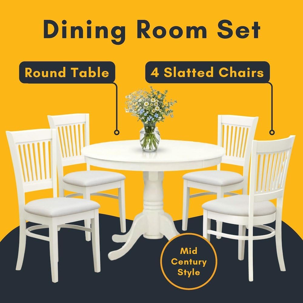 Furnifact White Solid Wood 5 Pc Dining Room Set, Breakfast Nook Table with Slatted Chairs, Kitchen Table and Chairs for 4, Compact Seating Option