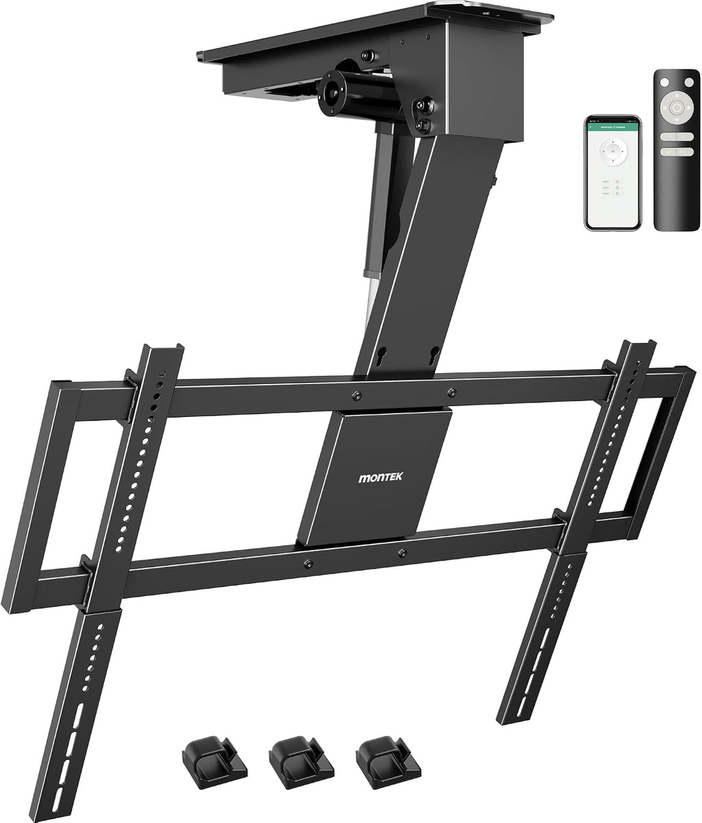 monTEK Motorized Ceiling TV Mount for 32-75 Inch TVs, Holds up to 121 lb | Lower VESA fit helps avoid ceiling contact; electric flip-down, remote/app/voice, max VESA 600x400 mm, flat/pitched ceilings