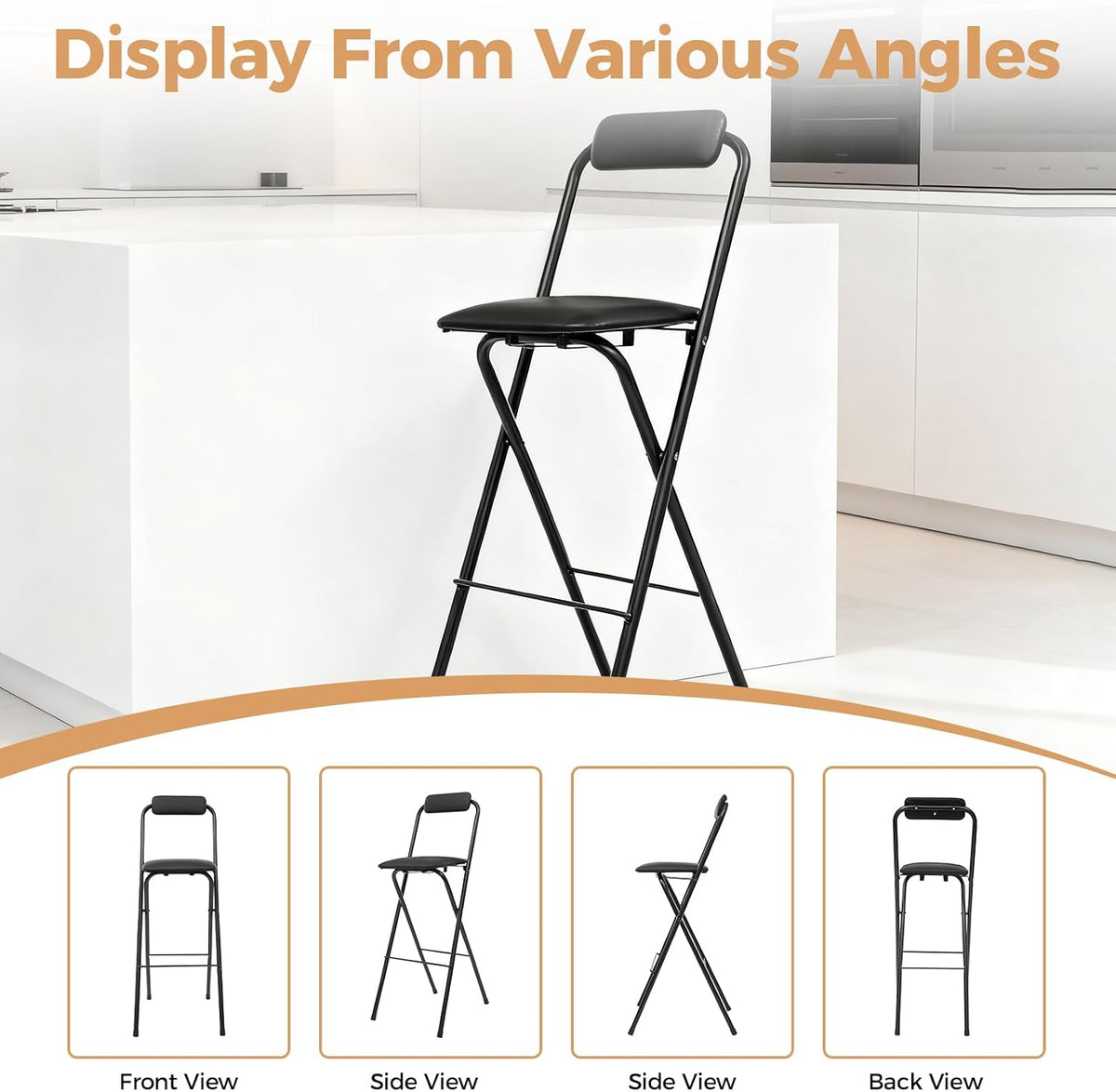Folding Stool, Cushioned Padded Folding Stool Portable Bar Stool with Back for Camping Kitchen Home Office, Tall Bar Collapsible Stools (Black, 1Pcs 29.53in)