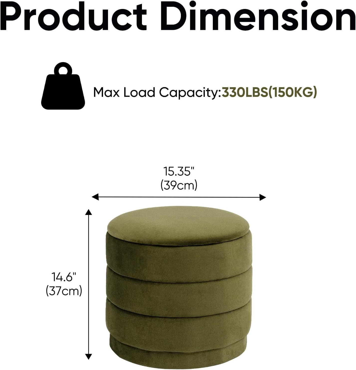 15.4" Round Velvet Storage Ottoman with Reversible Lid, Upholstered Circular Ottoman Footrest with Hidden Storage, Foldable Padded Footstool for Dorm Living Room & Bedroom, Olive Green