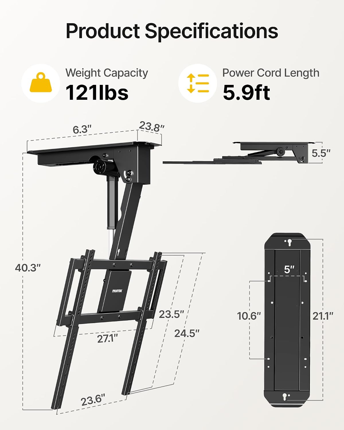 monTEK Motorized Ceiling TV Mount for 32-75 Inch TVs, Holds up to 121 lb | Lower VESA fit helps avoid ceiling contact; electric flip-down, remote/app/voice, max VESA 600x400 mm, flat/pitched ceilings