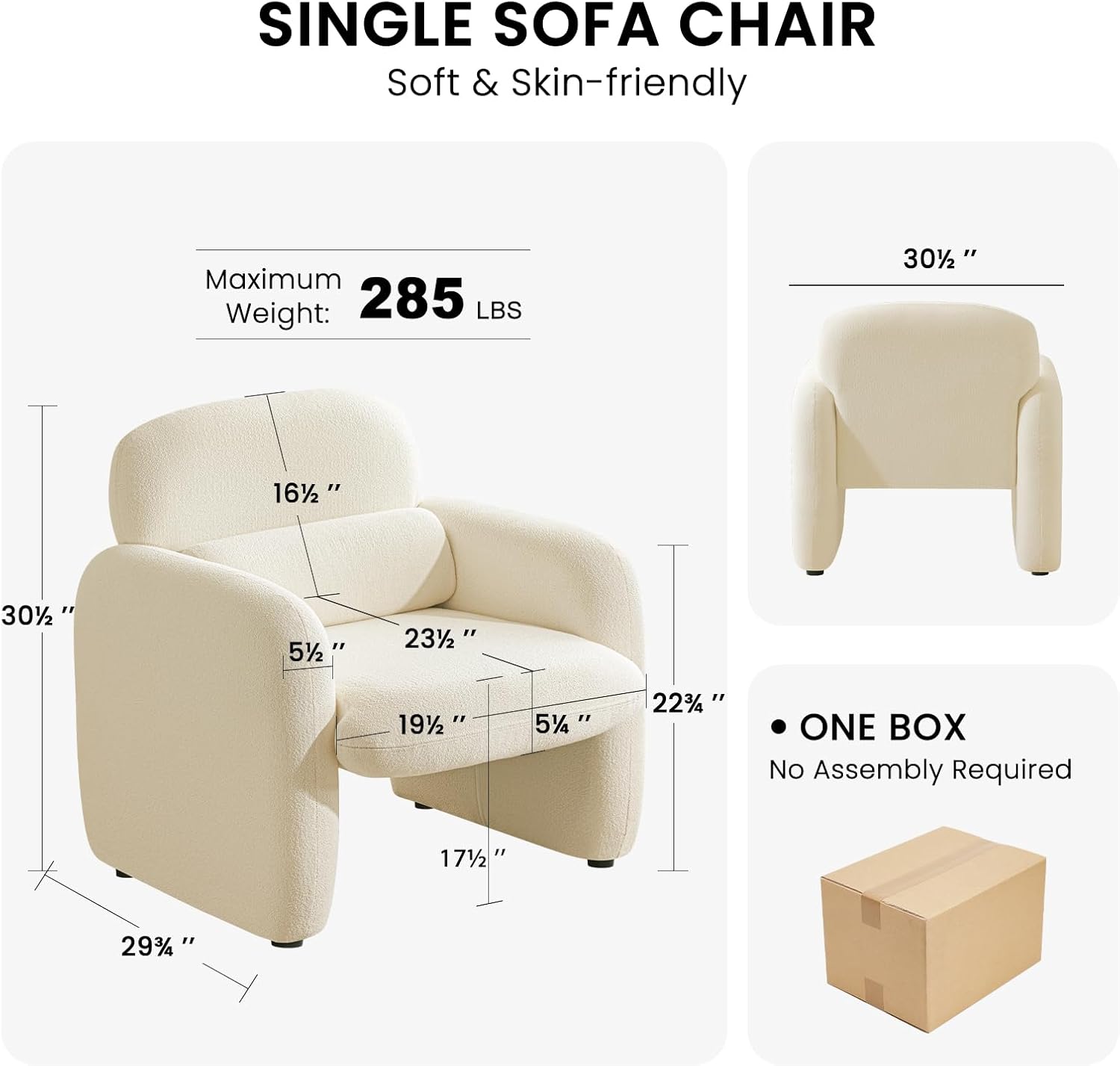 Furniliving 30.5" Chenille Accent Chair, Modern Upholstered Armchair with Solid Wood Legs, Comfy Reading Chair for Living Room Bedroom, Wide Single Sofa Chair（White，Set of 1）