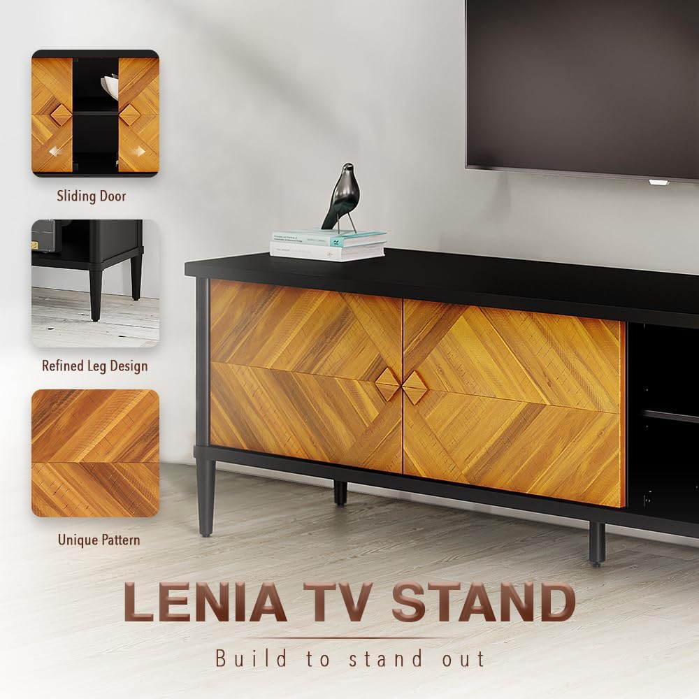 Howizz Lenia 63" Solid Acacia Wood TV Media Console 65 70 75 Inch | Farmhouse Rustic Mid Century Modern TV Stand Living Room, Entertainment Center Storage & Cabinets, Black Brown Teak