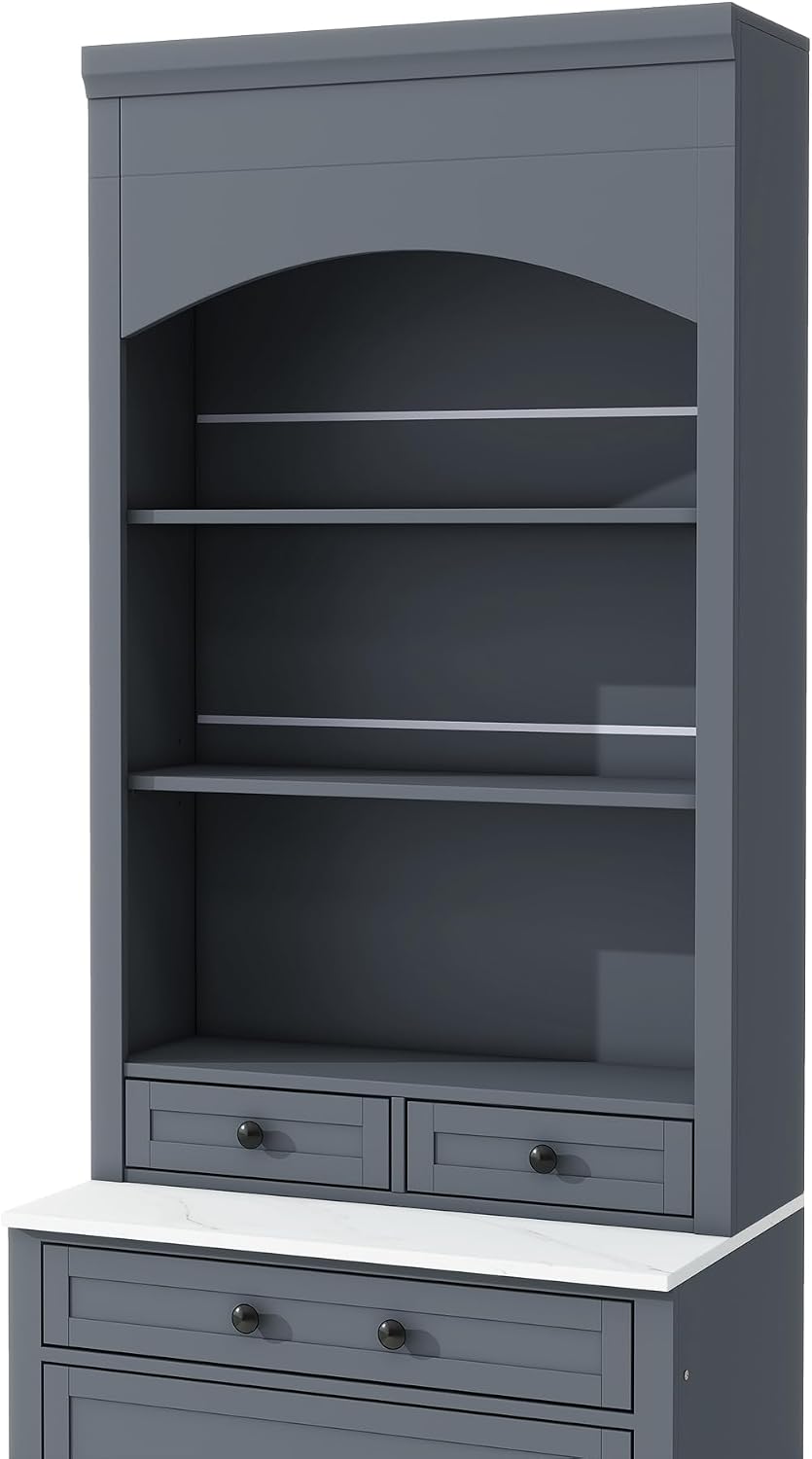 83.7inch High Kitchen Pantry with 5 Storage Drawers and Adjustable Shelf, Wood Freestanding Tall Kitchen Hutch Display Cupboard Cabinet with Faux Marble Top for Dining Room, Set of 2 (2, Gray-T)