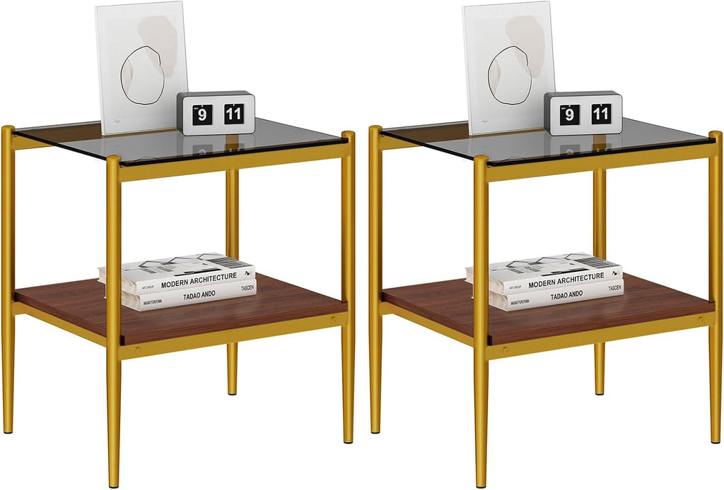 ODUSE-DAILY Coffee Table and End Table 3 Piece Living Room Set, Gold Metal Frame Glass Top End Tables, Square Top Shelf, Sofa or Couch Side Tables, Mesa de Centro para Sala (3 Pcs)