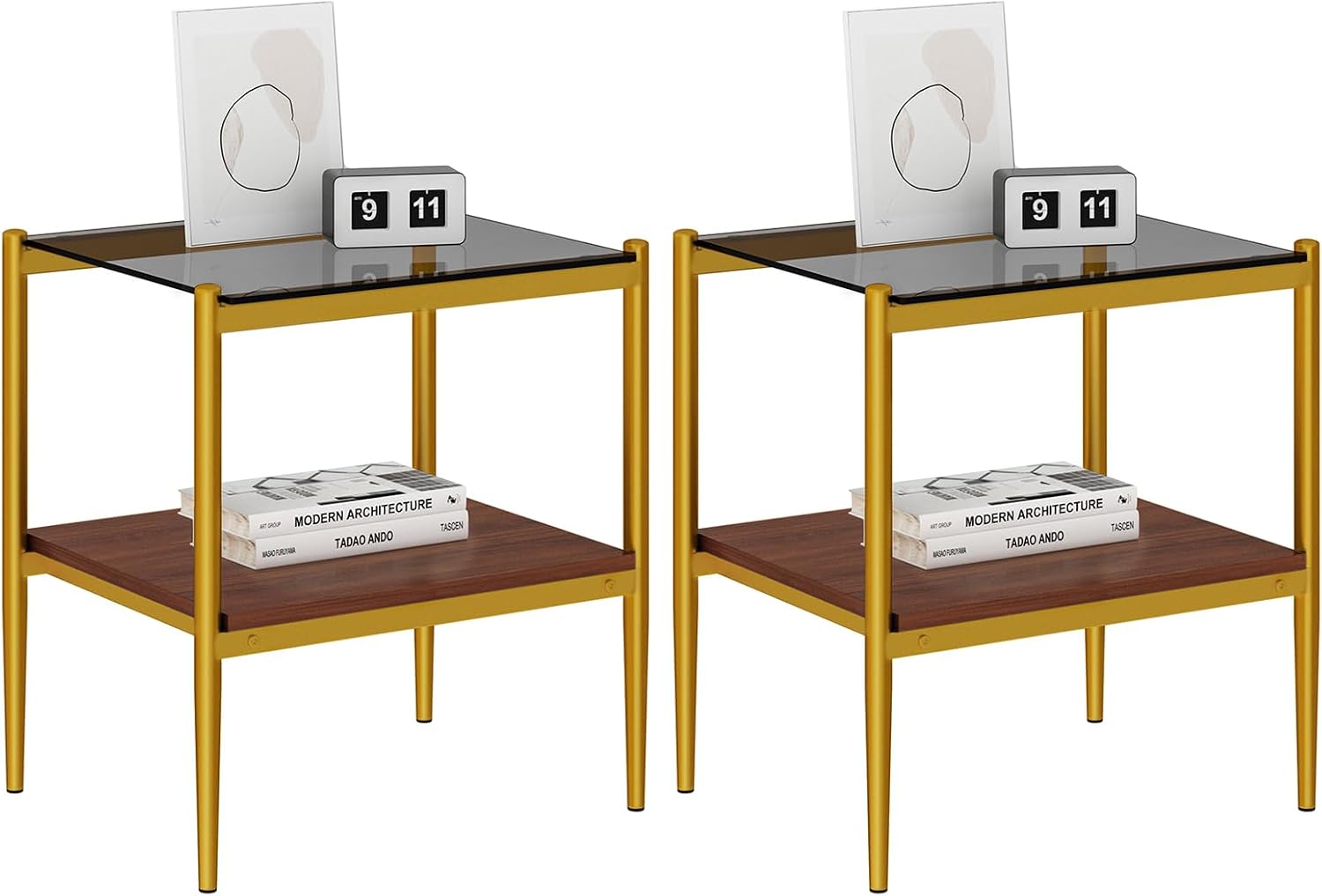 ODUSE-DAILY Coffee Table and End Table 3 Piece Living Room Set, Gold Metal Frame Glass Top End Tables, Square Top Shelf, Sofa or Couch Side Tables, Mesa de Centro para Sala (3 Pcs)