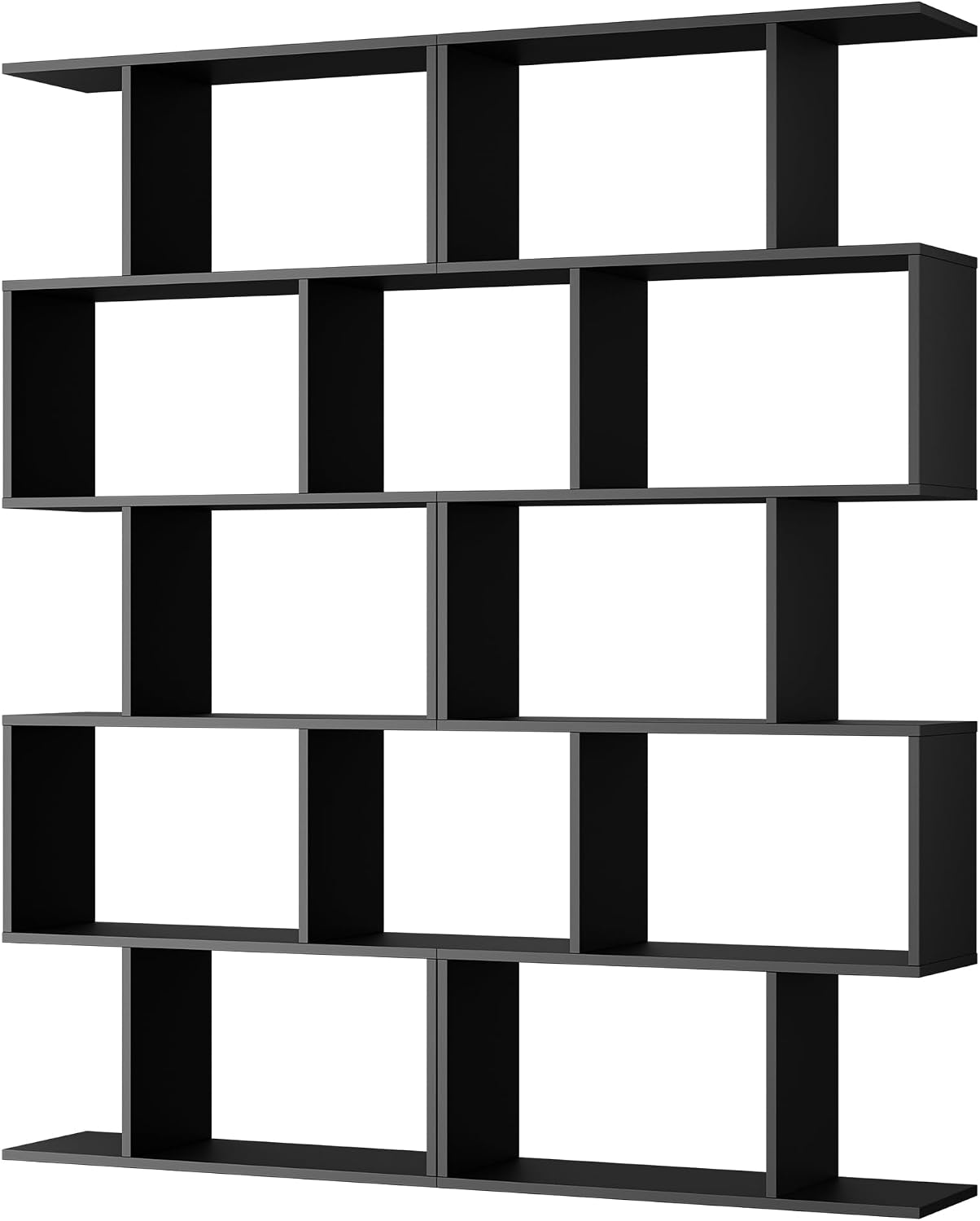 Cozy Castle Set of 2 Geometric Bookcase, S-Shaped Modern Bookshelf, Room Divider Bookshelf, 62" Tall Unique Abstract Bookcase with 5-Tier Display Shelf for Living Room Office, Black