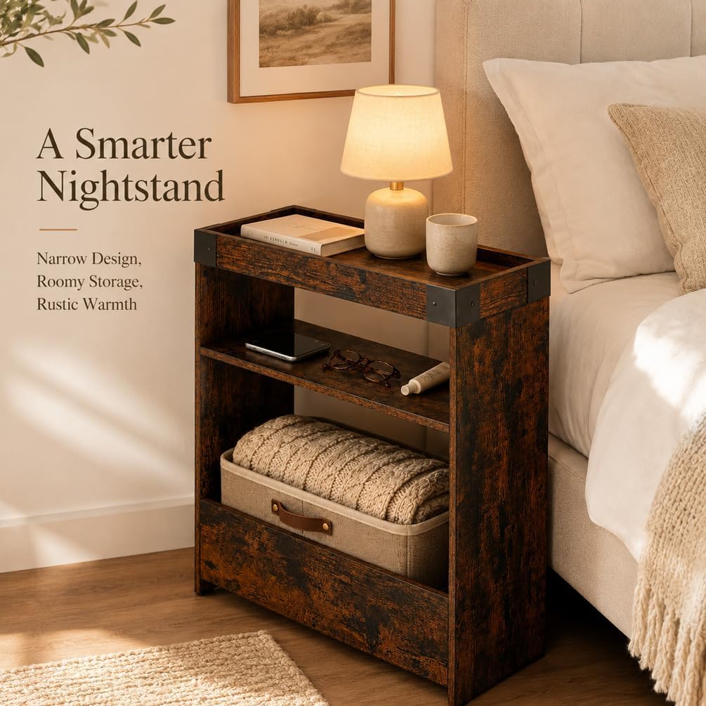 Farmhouse Narrow Side Table with Tray Top & Magazine Rack, Sofa Couch Side Table with Storage Shelf, Slim End Table for Small Spaces, Modern Nightstand for Bedroom, Living Room (Rustic Brown)
