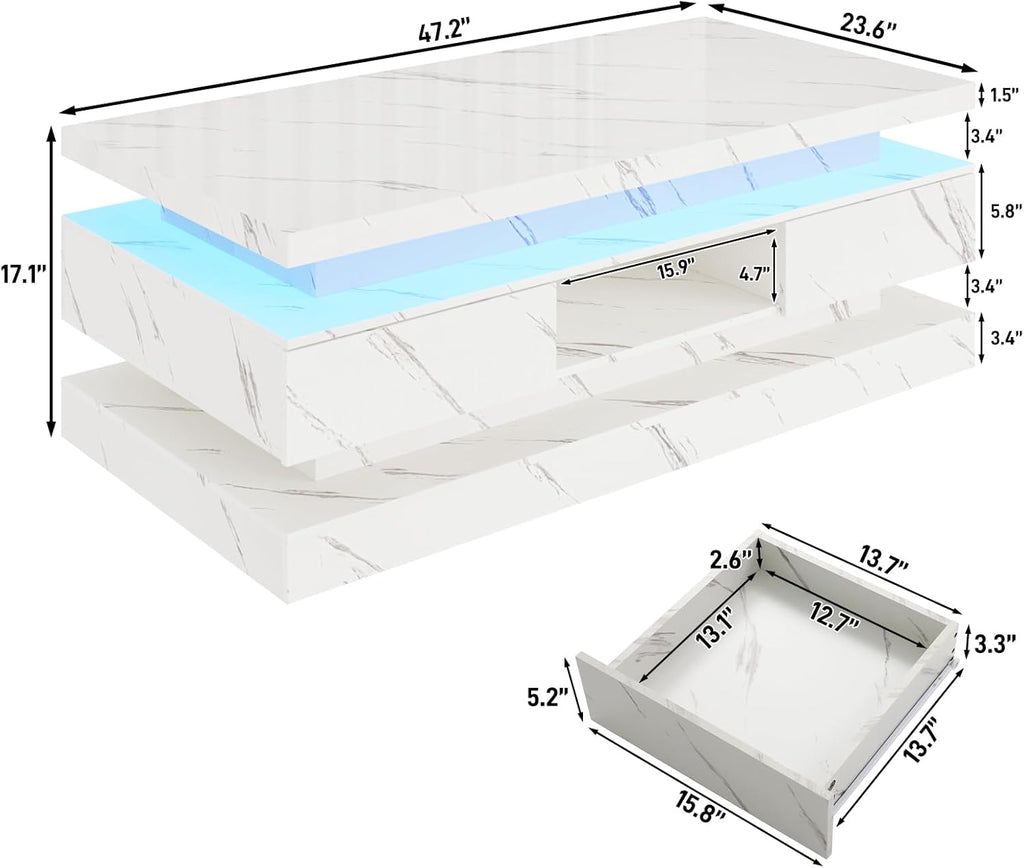 47.2 Inch Modern High Glossy LED Coffee Table with 2 Sliding Drawers, Double-Layer Center Tables with LED Lights for Livings Room Furniture, White