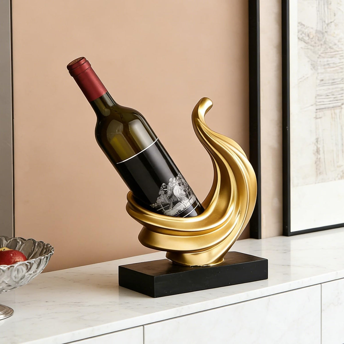 AWNR Gold Abstract Single Wine Liquor Bottle Holder Gifts, Display Shelf | Elegant Small Wine Racks Countertop for Cabinet Kitchen Shelves,Bottle Storage Decorative Accessories for Wine Lovers