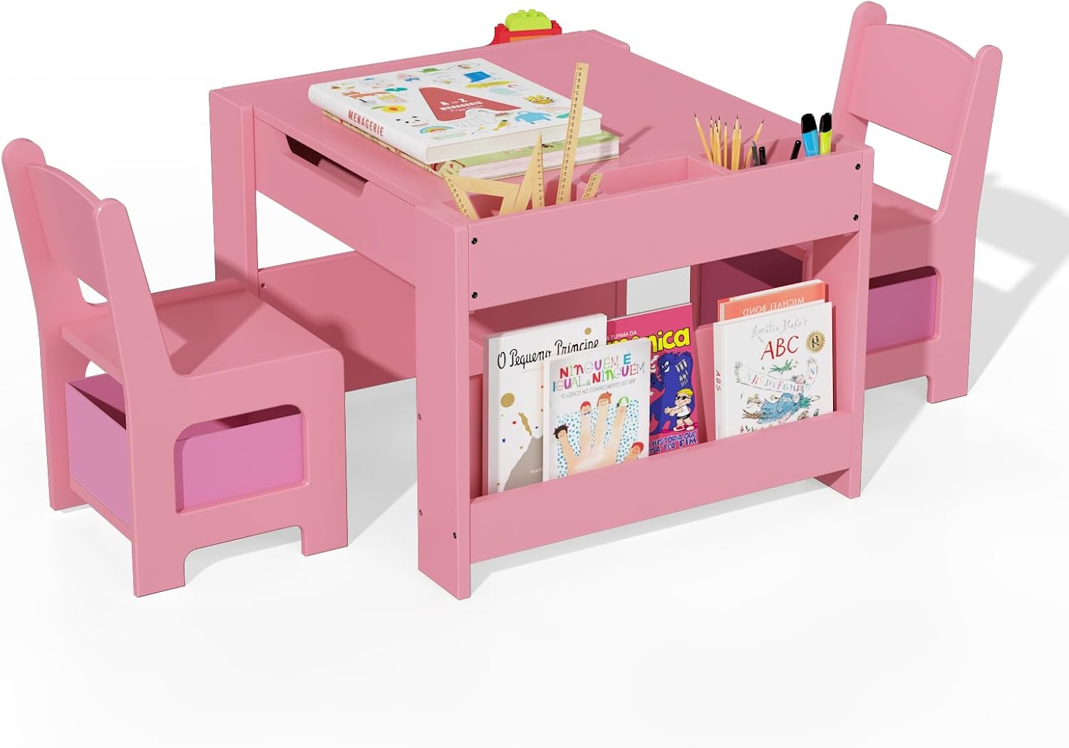 Kids Table and Chair Set - 4 in 1 Wooden Activity Table & 2 Chairs, Storage Drawer, Detachable Tabletop, for Drawing, Reading, Crafts, Art, Homework