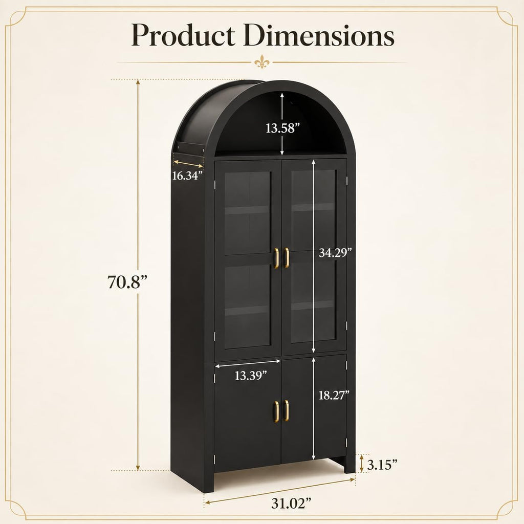 71" Tall Arched Kitchen Pantry Cabinet, Modern Farmhouse Wood Kitchens Storage Cabinets, Cupboard for Dining Room, Kitchen, Bathroom, Black