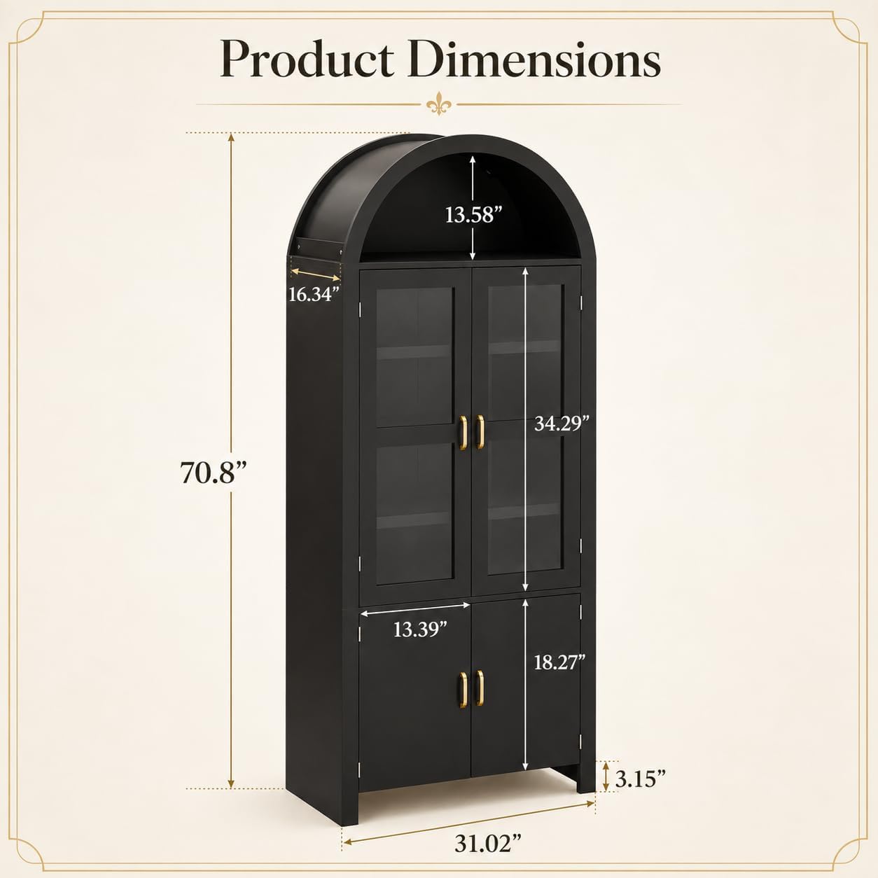 71" Tall Arched Kitchen Pantry Cabinet, Modern Farmhouse Wood Kitchens Storage Cabinets, Cupboard for Dining Room, Kitchen, Bathroom, Black