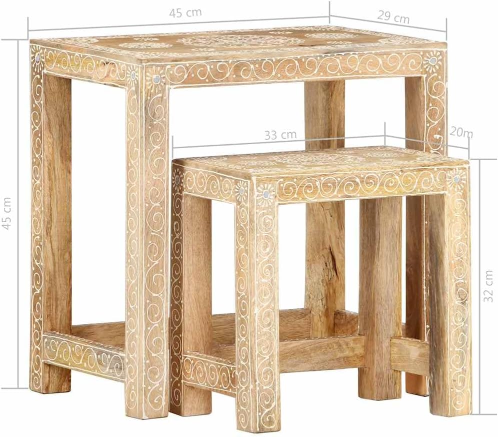 2 Piece Side Table Set Solid Mango Wood Hand-Painted Nesting Tables for Living Room Brown