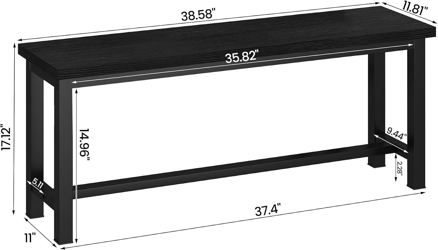 Recaceik Dining Benches, 39 Inch Table Benches, Pair of 2 Benches for Dining Room, Kitchen, Entryway, Bedroom, Industrial Small Bench Kitchen Bench with Metal Legs, Easy to Assemble, Black