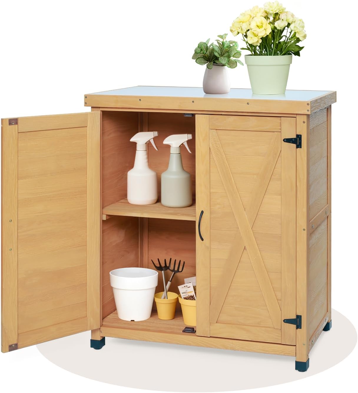 31" Weatherproof Small Storage Cabinet, Storage Cabinets with Sturdy X-Shape Design, Tool Cabinet with Magnetic Door for Patio and Garage, Light Brown
