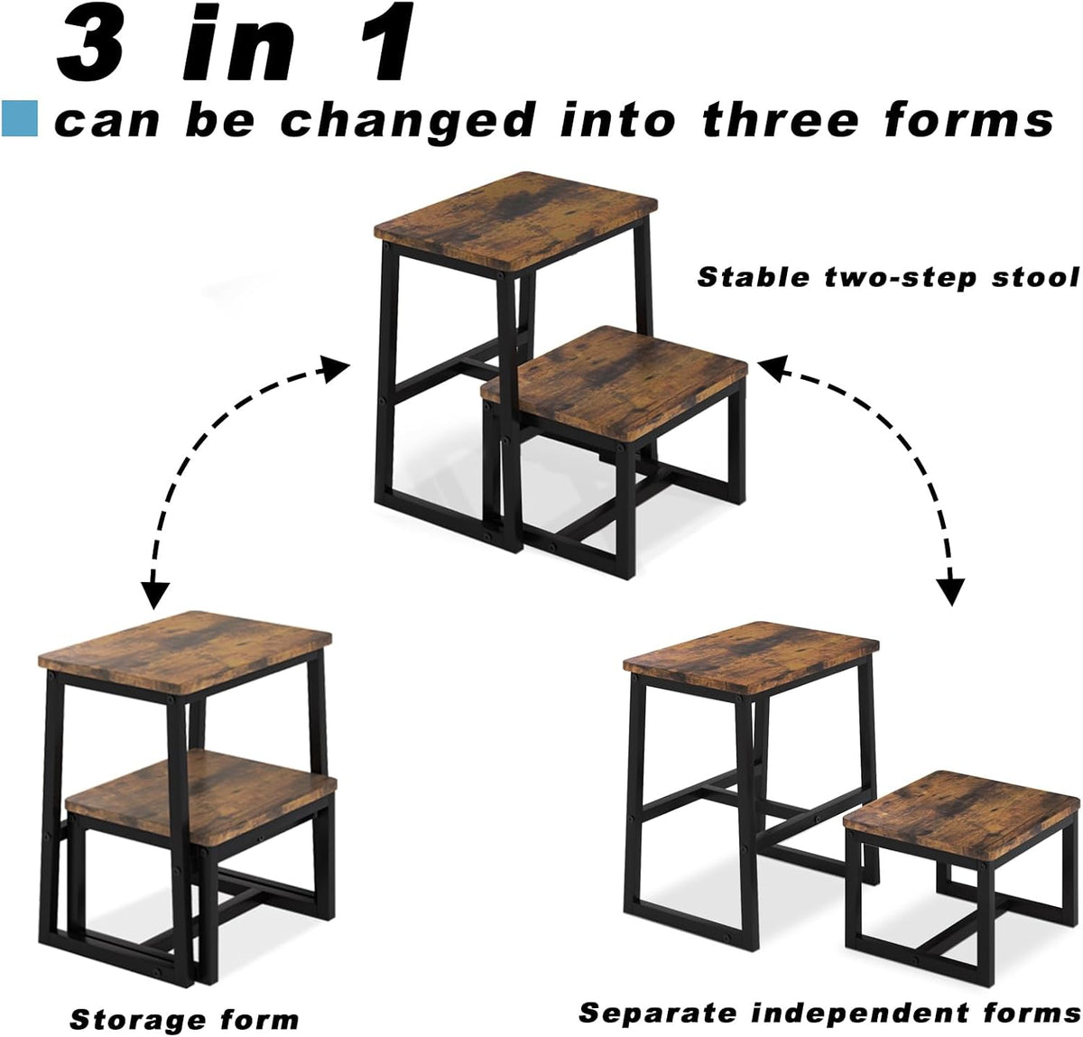 2 Step Stool for Adults Wooden Step Stool with 500 Lbs, Rustic Brown | Kitchen Step Stool, 3 in 1 Heavy Duty Stepping Stool, Tall Bedside Foot Stool for Kichen/Bathroom/Bedroom High Beds, Non-Slip